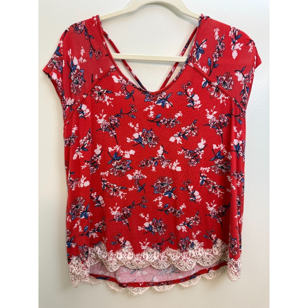 Womens Rewind Cap Sleeve top with back cross styling Size Large, Red print Lace
